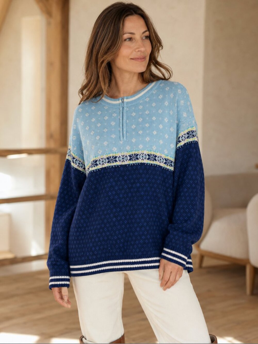 Hanna Andersson Blue Nordic Fair Isle Quarter Zip Cotton Sweater M